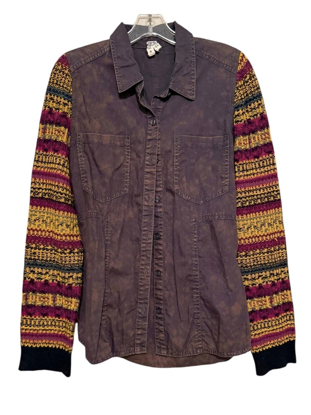 We The Free Charcoal Shirt W Multi-Colored Knit Sleeves Medium Distressed